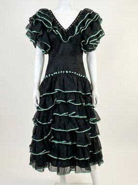 Vintage Authentic Spanish Flamenco Dress - Black with Aqua Ruffles